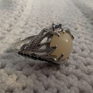 Silver-Tone Women's Ring with Cream Cabochon and Black Accents